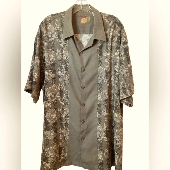 Men’s Caribbean Joe Army Green Hawaiian Print Button Down Casual Shirt - Picture 1 of 4